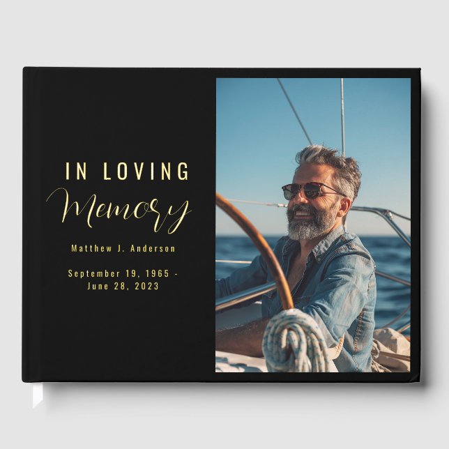 In Loving Memory Modern Black Custom Photo Funeral Guest Book (Front)