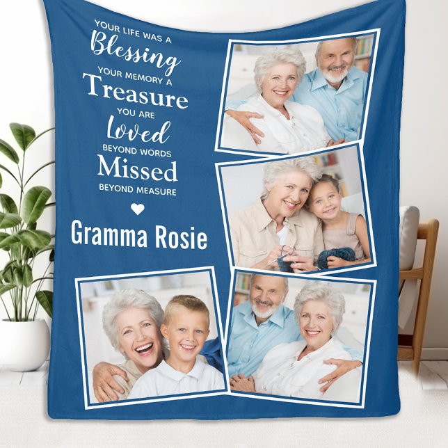 In Loving Memory Modern Blue Photo Collage Fleece Blanket (Creator Uploaded)