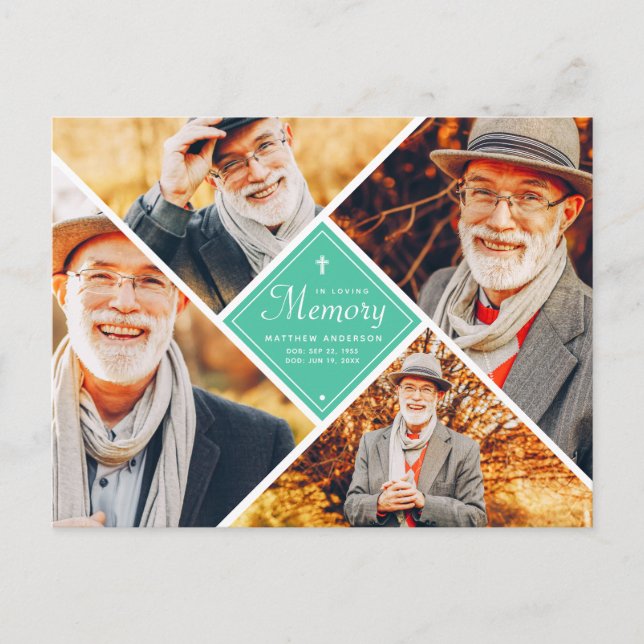 In Loving Memory Modern Cross Multi Photo Postcard (Front)