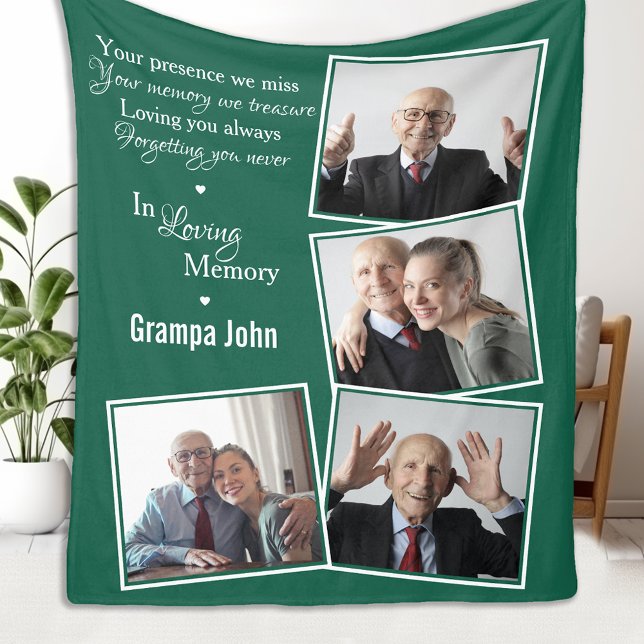 In Loving Memory Modern Green Photo Collage Fleece Blanket (Creator Uploaded)