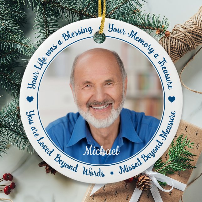 In Loving Memory Modern Memorial Custom 2 Photo Ceramic Ornament (Creator Uploaded)