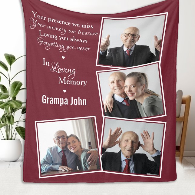 In Loving Memory Modern Red Photo Collage Fleece Blanket (Creator Uploaded)