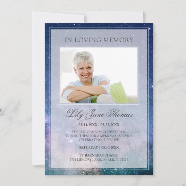 In Loving Memory Modern Starry Night Funeral Photo Invitation (Front)