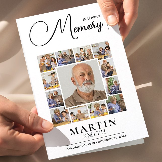 In Loving Memory Obituary Photo Collage Funeral Flyer (funeral program booklet mockup with hands, elegant memorial design on soft fabric background)