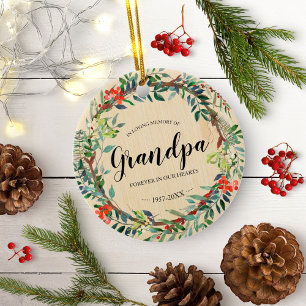 In Loving Memory of Grandpa Rustic Wreath Memorial Ceramic Ornament