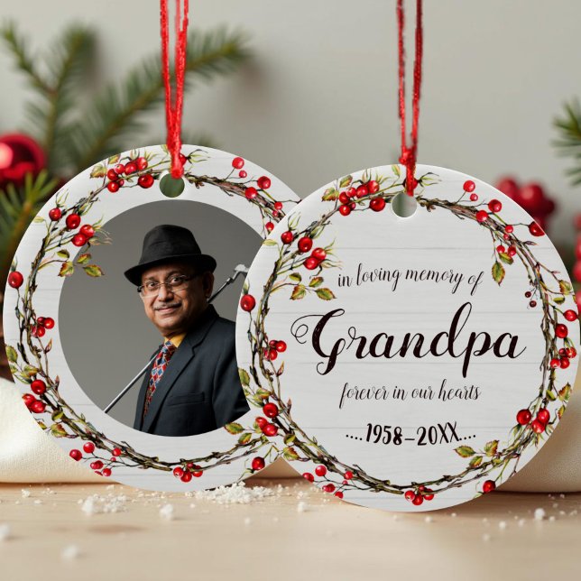 In Loving Memory of Grandpa Rustic Wreath Memorial Ceramic Ornament (Creator Uploaded)