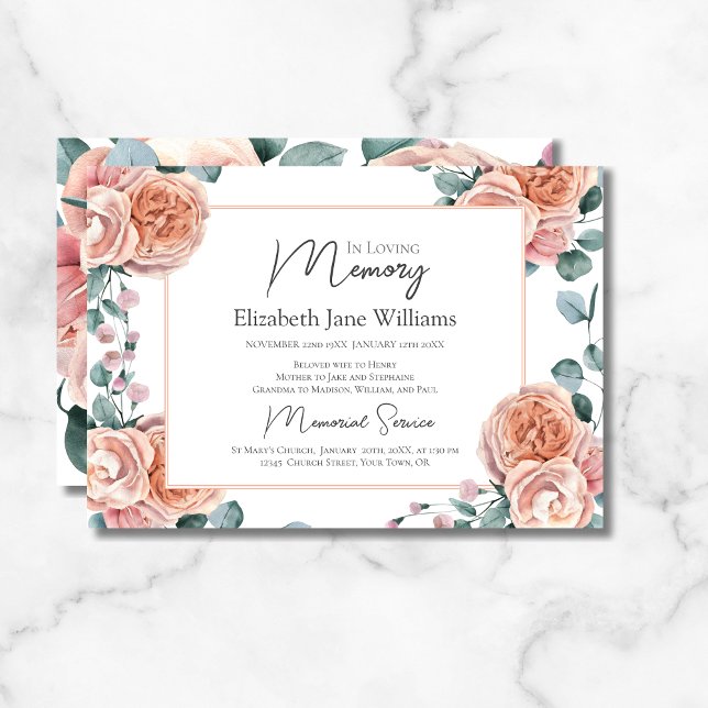 In Loving Memory Peach Roses 1 Photo  Invitation (Creator Uploaded)