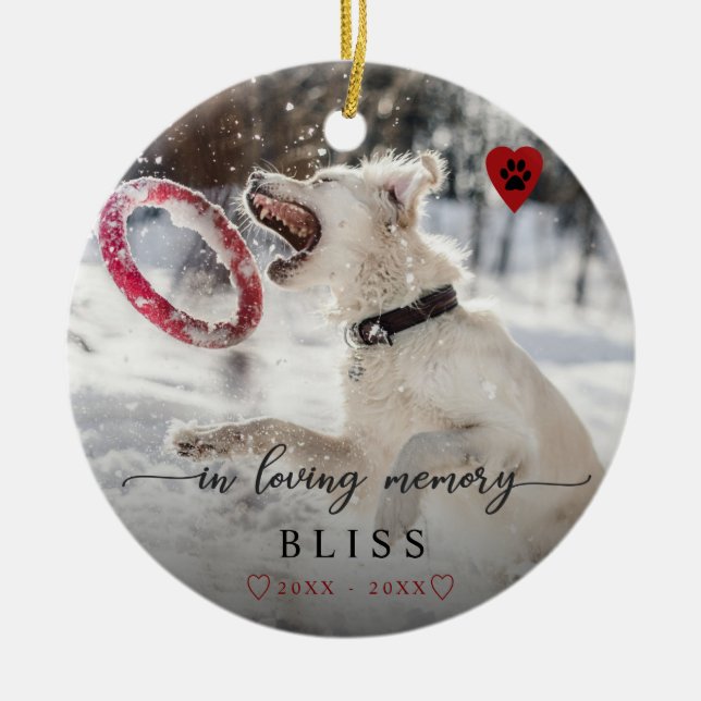 In Loving Memory Pet Photo Paw Print Monogram Ceramic Ornament (Front)