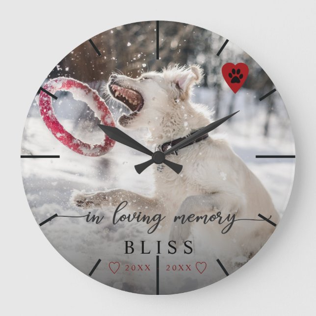 In Loving Memory Pet Photo Paw Print Monogram Large Clock (Front)