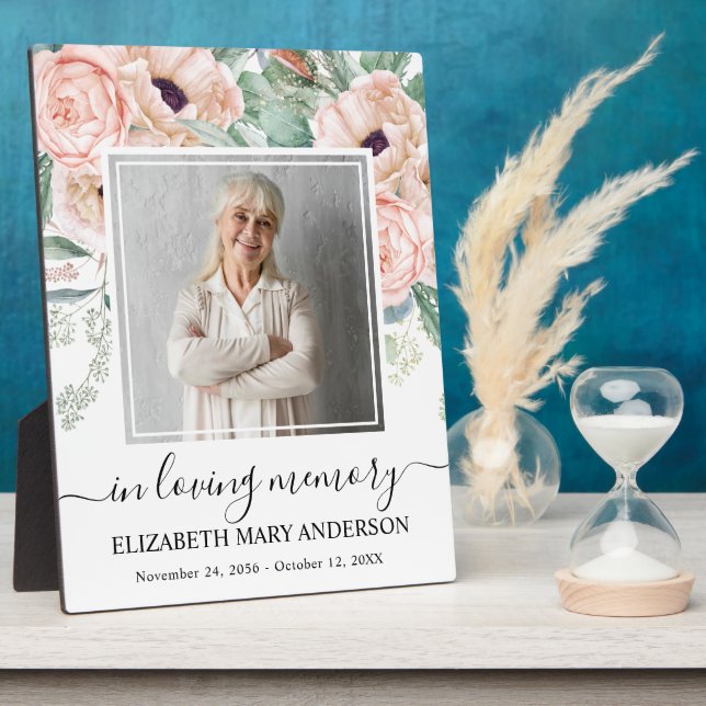 In Loving Memory Photo Blush Pink Floral Memorial Plaque (Side)