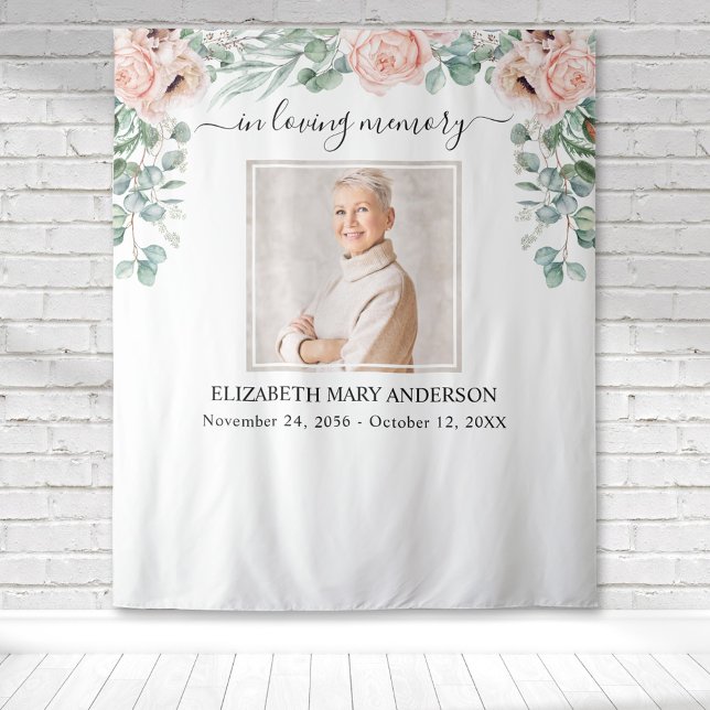 In Loving Memory Photo Blush Pink Peony Memorial Tapestry (Blush pink peony eucalyptus watercolor floral botanical memorial tapestry to honor your loved one.)