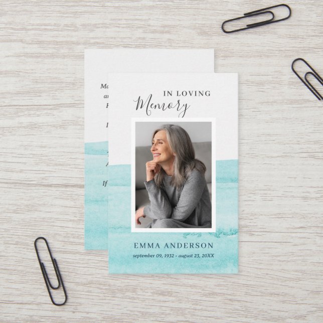 In Loving Memory Photo Funeral Blue Prayer Card (Front/Back In Situ)