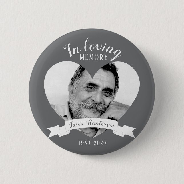 In loving memory photo heart name white ribbon 6 cm round badge (Front)