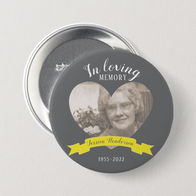In loving memory photo heart yellow ribbon 7.5 cm round badge (Front & Back)