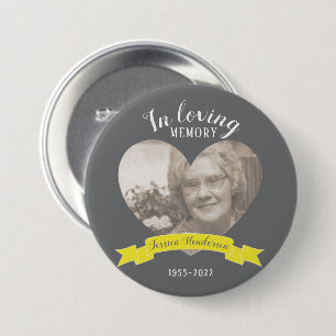 In loving memory photo heart yellow ribbon 7.5 cm round badge