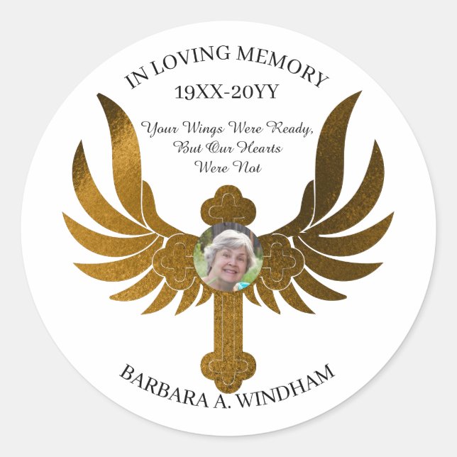 In Loving Memory Photo Keepsake Cross with Wings C Classic Round Sticker (Front)