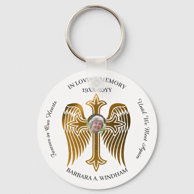In Loving Memory Photo Keepsake Cross with Wings K Key Ring (Front)