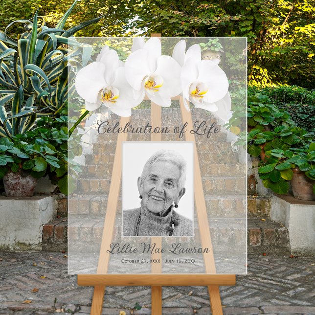 In Loving Memory Photo Memorial Funeral Acrylic Sign (Celebration of Life white orchids and photo memorial funeral ACRYLIC sign)