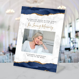 In Loving Memory Photo Navy Agate Marble Wedding Pedestal Sign