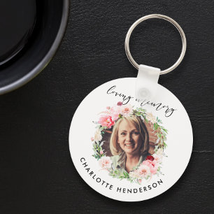 "In Loving Memory" Photo & Pink Peonies Tribute Key Ring