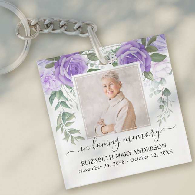 In Loving Memory Photo Purple Floral Memorial Key Ring (Creator Uploaded)
