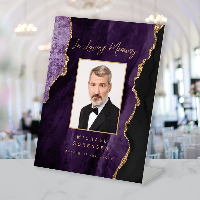 In Loving Memory Photo Purple Gold Agate Wedding Pedestal Sign (Creator Uploaded)