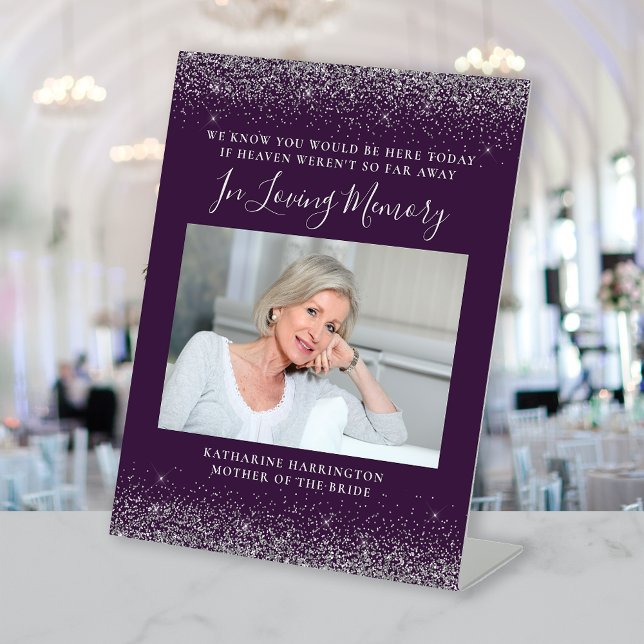 In Loving Memory Photo Purple Silver Wedding Pedestal Sign (Creator Uploaded)