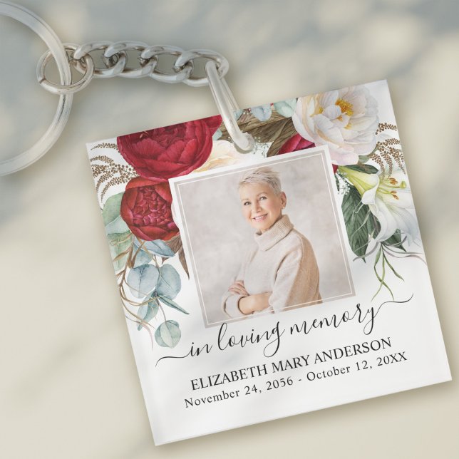 In Loving Memory Photo Red White Floral Memorial Key Ring (Creator Uploaded)