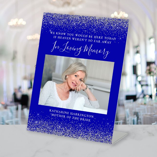 In Loving Memory Photo Royal Blue Silver Wedding Pedestal Sign (Creator Uploaded)