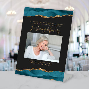 In Loving Memory Photo Teal Blue Dark Wedding Pedestal Sign