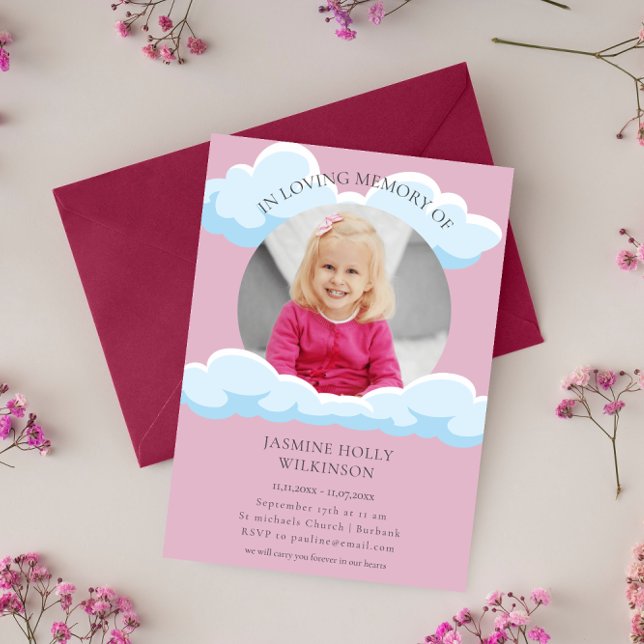 in loving memory pink  clouds child funeral modern invitation (Creator Uploaded)