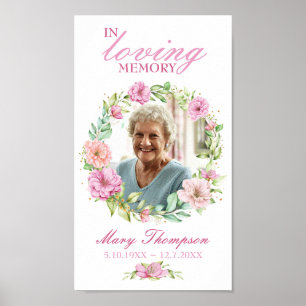 In Loving Memory Pink Floral Wreath Photo Funeral Poster