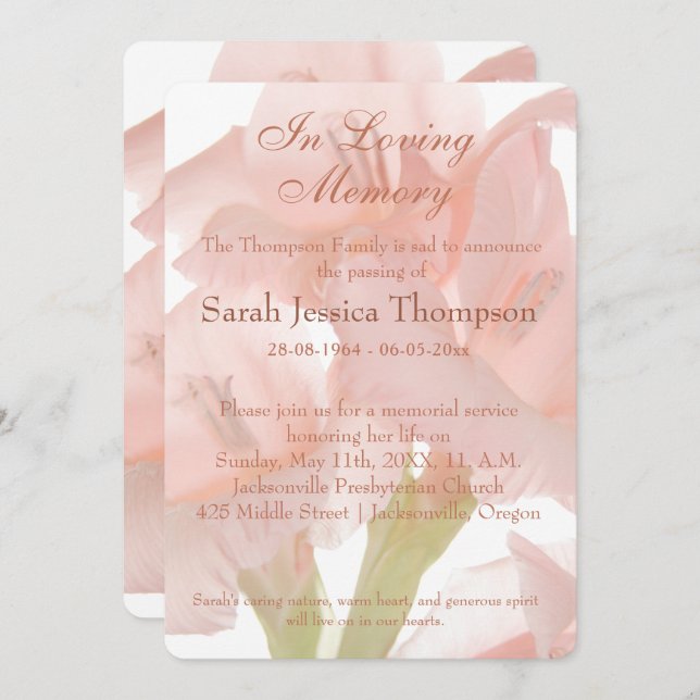 In Loving Memory - Pink Flower Memorial Service Invitation (Front/Back)