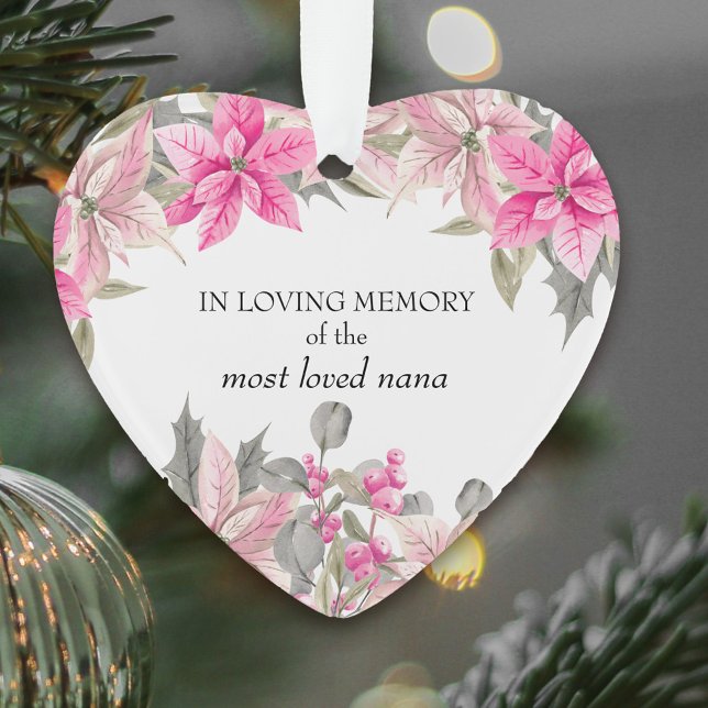 In Loving Memory Pink Poinsettia Heart Shaped Orna Ornament (In loving memory, non-photo pink poinsettia keepsake ornament)