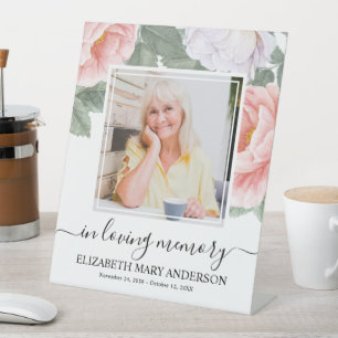 In Loving Memory Pink White Floral Funeral Photo Pedestal Sign