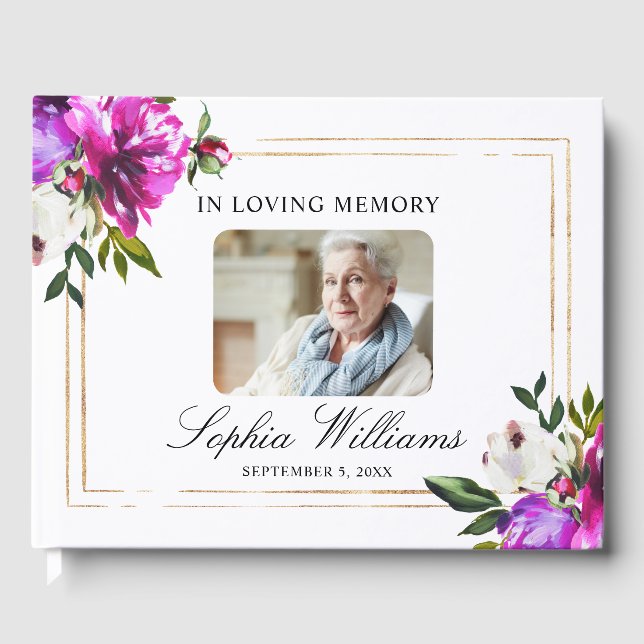 In Loving Memory Purple Flowers & Green Funeral Guest Book (Front)