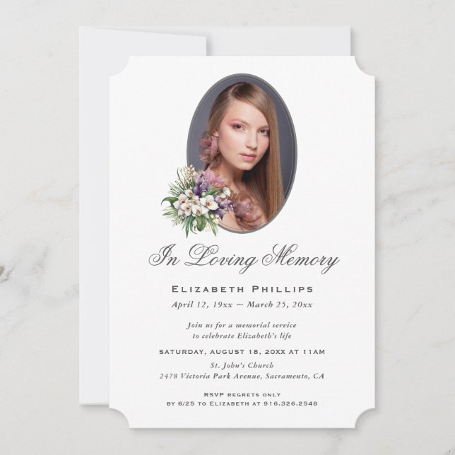 In Loving Memory Purple White Floral Photo Invitation (Front)