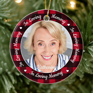 In Loving Memory Red Plaid Custom 2 Photo Memorial Ceramic Ornament