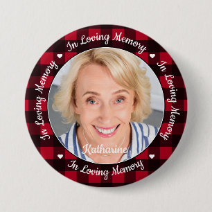 In Loving Memory Red Plaid Custom Photo Memorial 7.5 Cm Round Badge