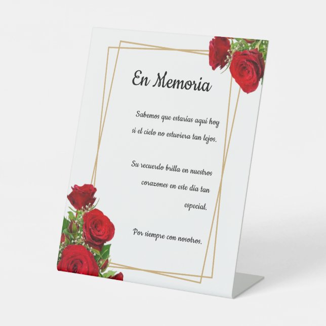  In Loving Memory Red Roses Spanish Wedding Table Pedestal Sign (Front)