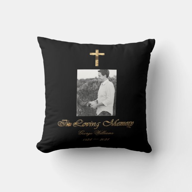 In Loving Memory Religious Golden Cross Add Photo Cushion (Front)