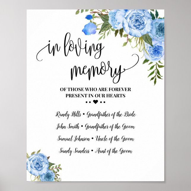 In Loving Memory Remembrance Blue floral Wedding Poster (Front)