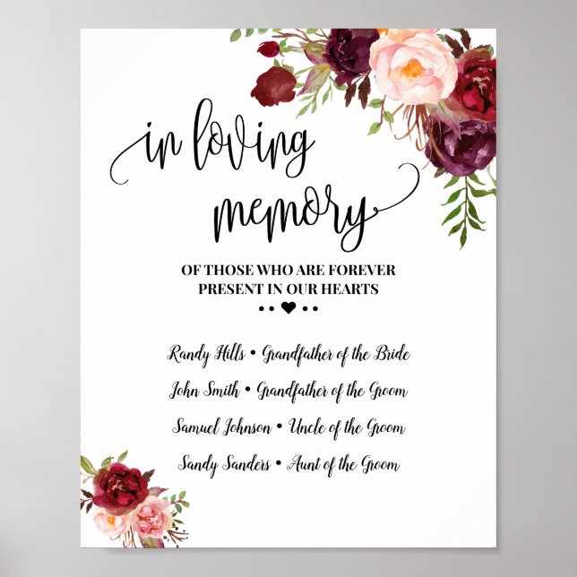 In loving memory remembrance marsala wedding poster (Front)