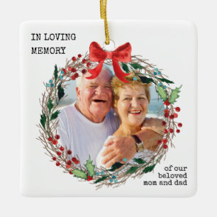 In Loving Memory Rustic Holly Wreath Photo Ceramic Ornament