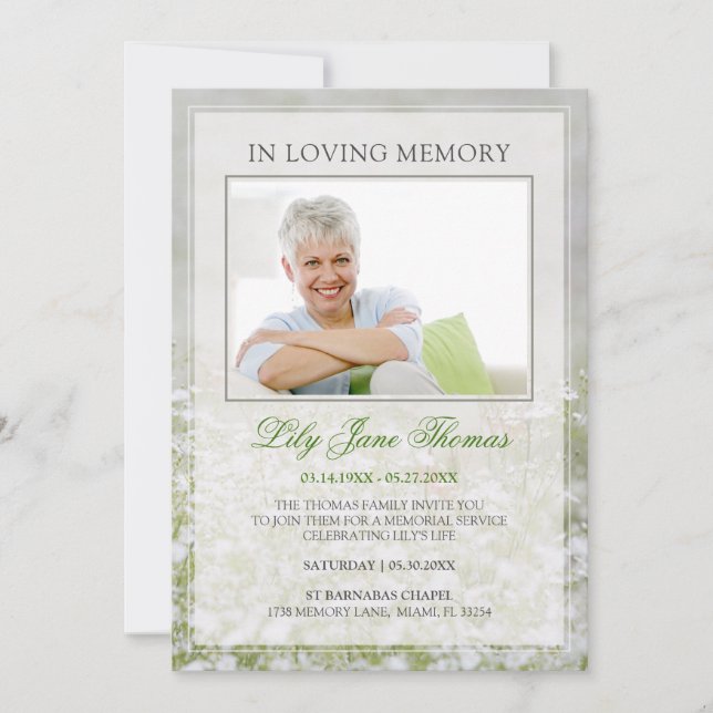 In Loving Memory Simple White Meadow Funeral Photo Invitation (Front)