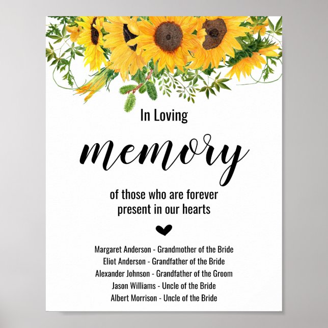 In Loving Memory Sunflowers Wedding Sign (Front)