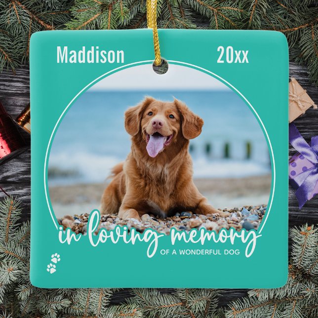 In Loving Memory Teal Dog Photo Pet Memorial Ceramic Ornament (Creator Uploaded)