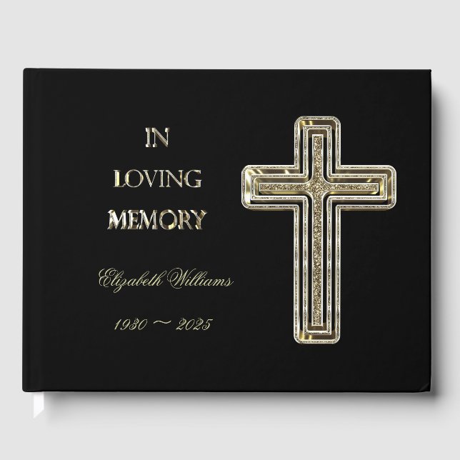 In Loving Memory Typography Golden Cross Elegant Guest Book (Front)