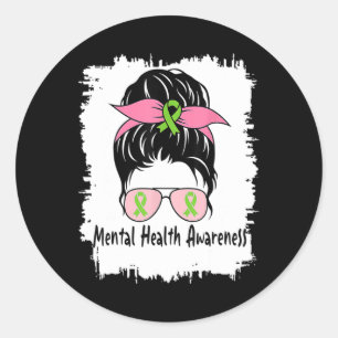 In May We Wear Green Messy Bun Mental Health Aware Classic Round Sticker
