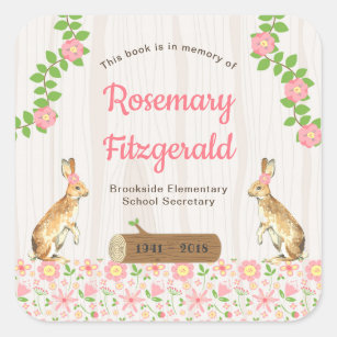 In memory of book plate, floral rabbits square sticker